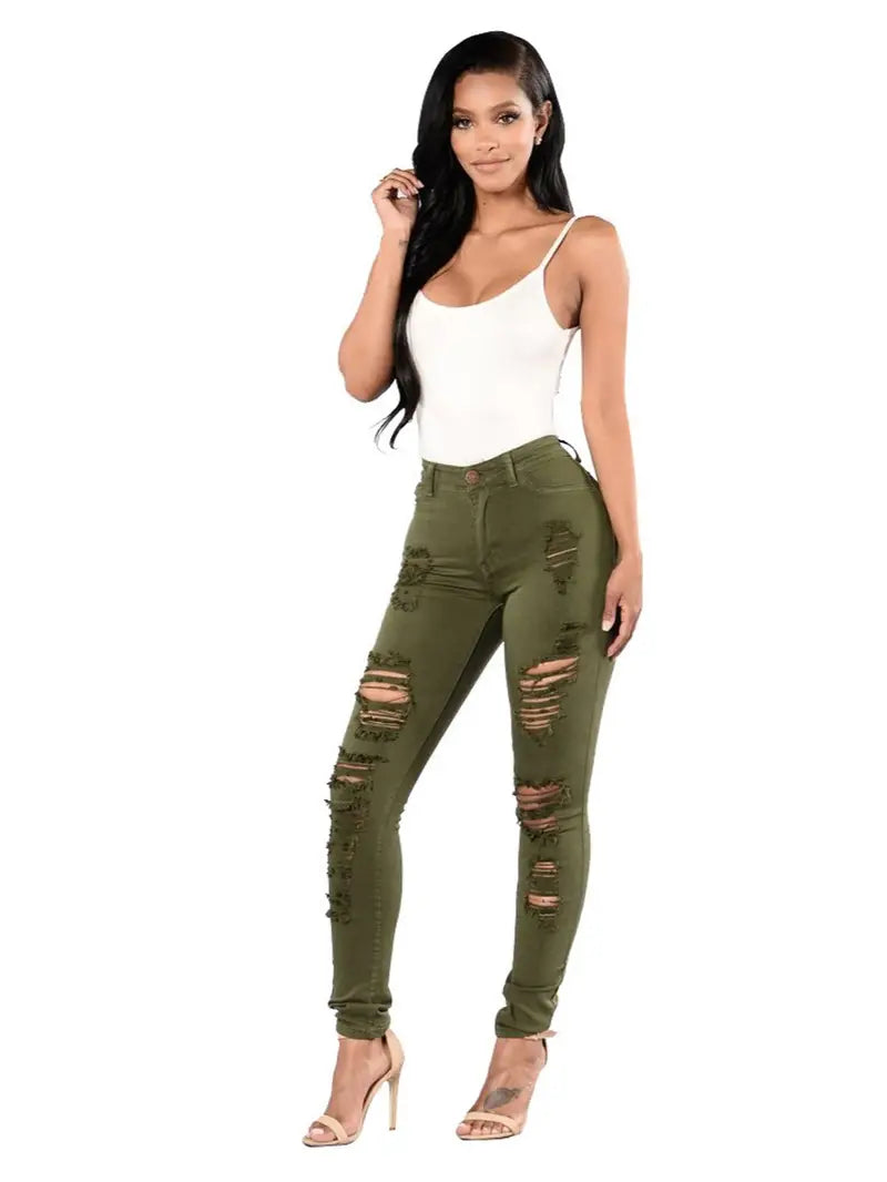 High-Rise Distressed Skinny Jeans in Burgundy & Olive Kia Day Design