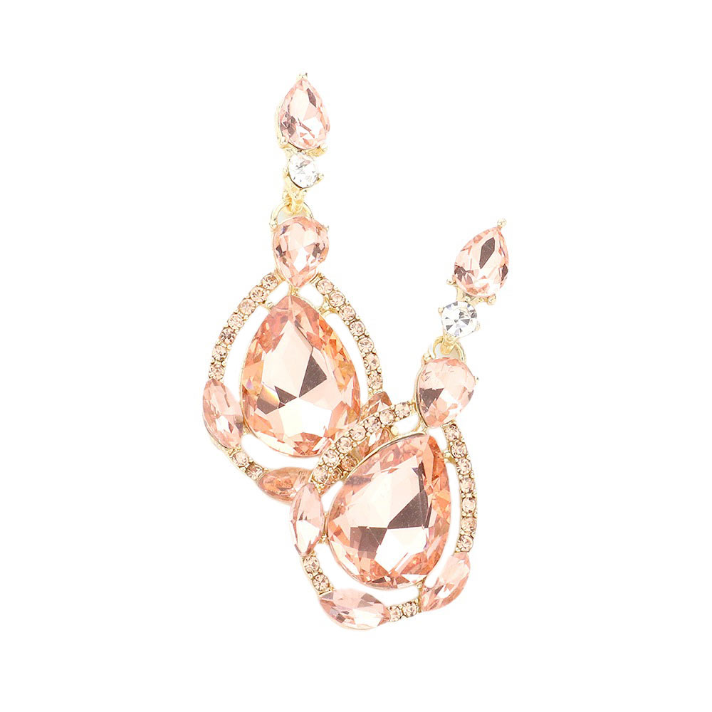 Crystal Rhinestone Teardrop Evening Earrings - Peach - Earrings