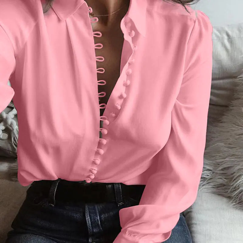 Fashion Casual Solid Color ladies office Tops Buttons Long sleeve Blouse