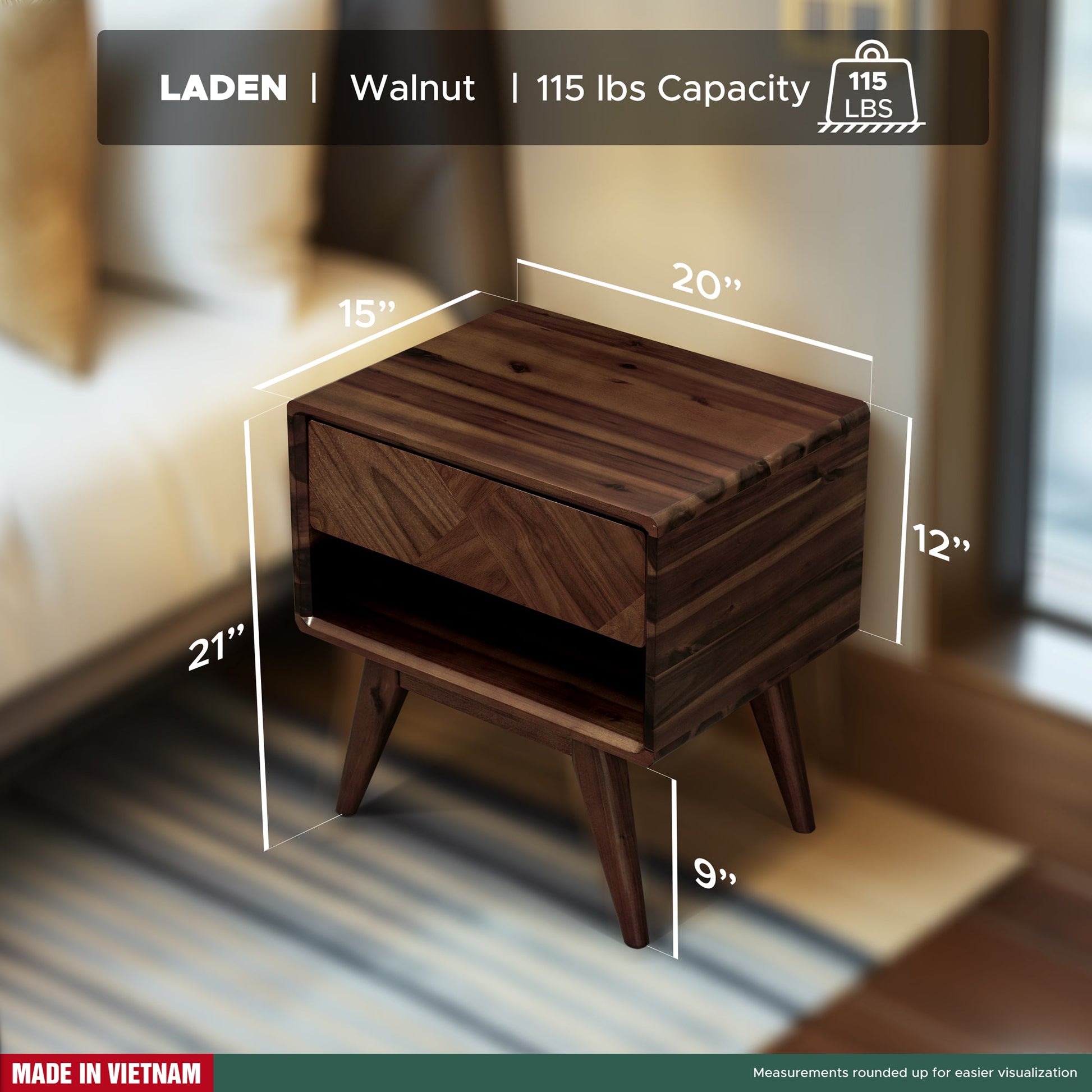 Laden Handcrafted Solid Wood Nightstand - - Nightstand