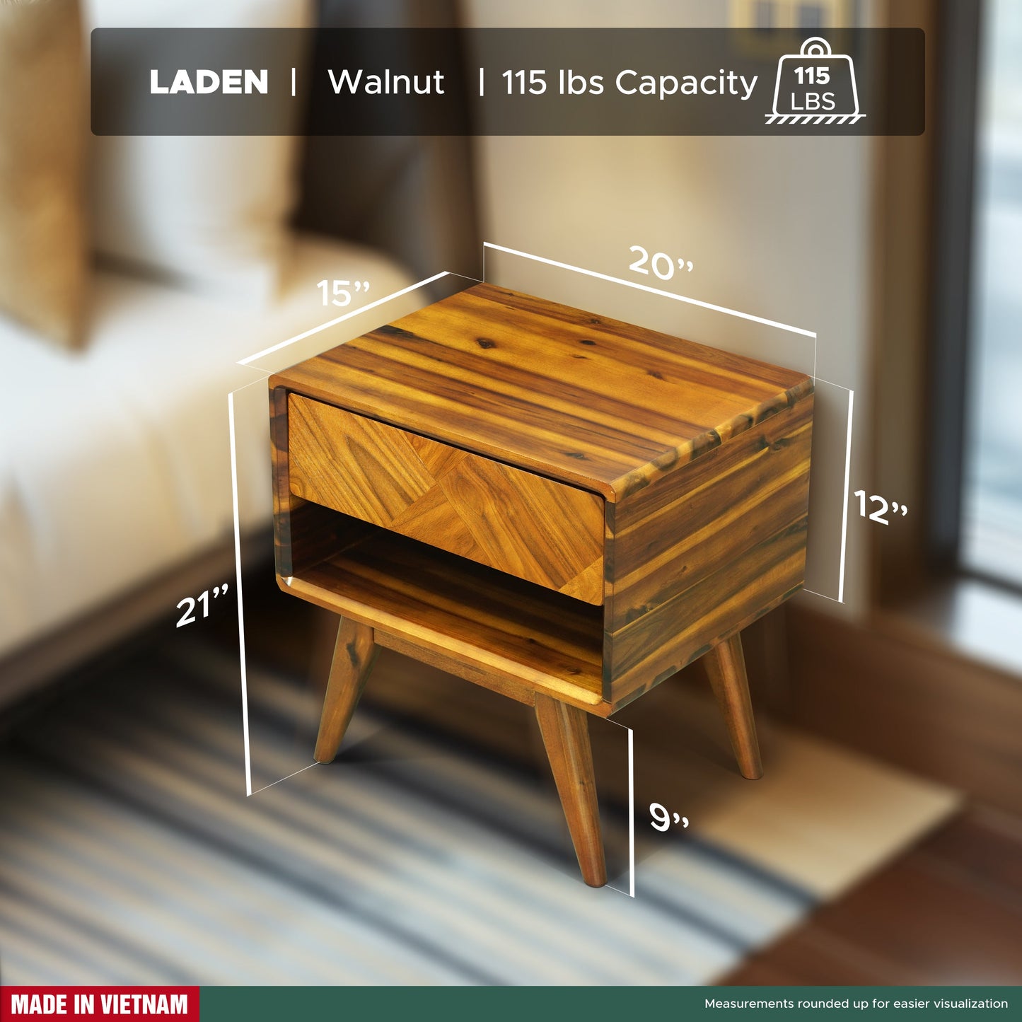 Laden Handcrafted Solid Wood Nightstand - - Nightstand