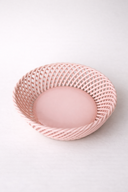 Ceramic Round Hand-Woven Basket – White, Beige & Pink Glazed Porcelain - - Bowl
