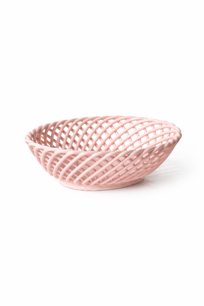 Hand-Woven Ceramic Basket -Small Oval Porcelain Dish in White, Beige & Pink - Pink - Bowl