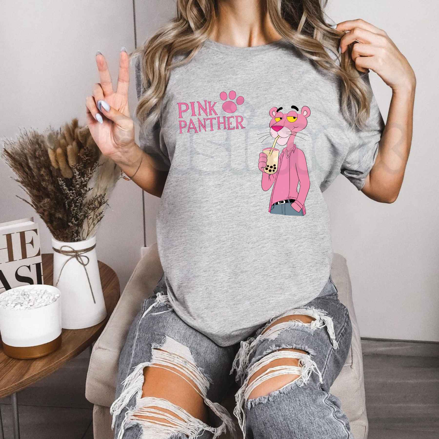 Pink Panther Bubble Tea Graphic T-Shirt – Cute Boba Cartoon Unisex Cotton Tee - - T-Shirt