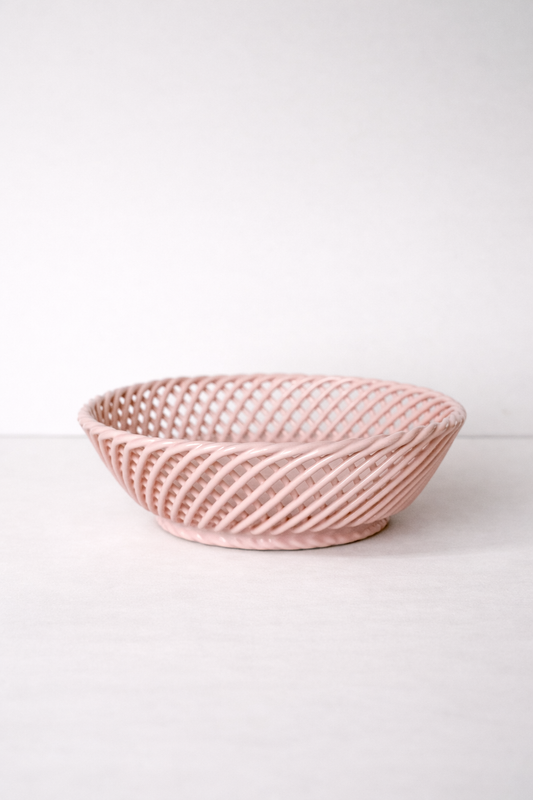 Ceramic Round Hand-Woven Basket – White, Beige & Pink Glazed Porcelain - Pink - Bowl