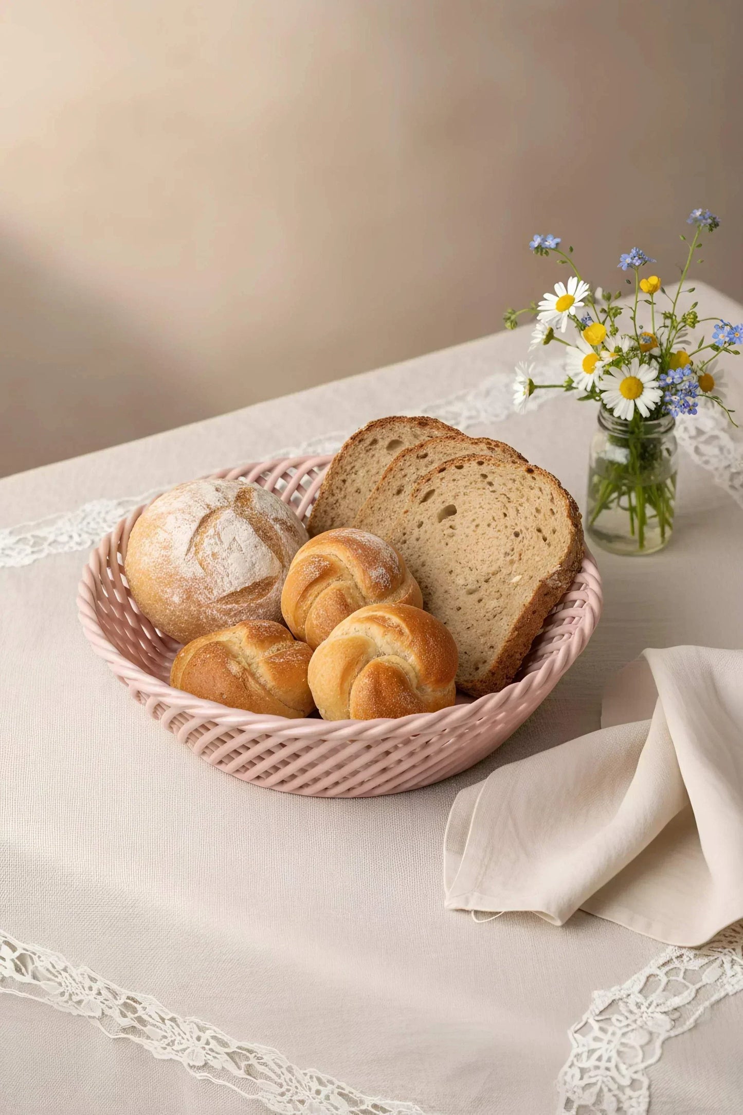 Ceramic Round Hand-Woven Basket – White, Beige & Pink Glazed Porcelain - - Bowl