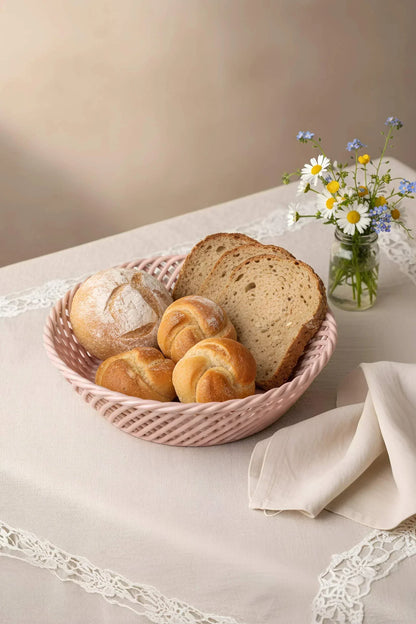 Ceramic Round Hand-Woven Basket – White, Beige & Pink Glazed Porcelain - - Bowl