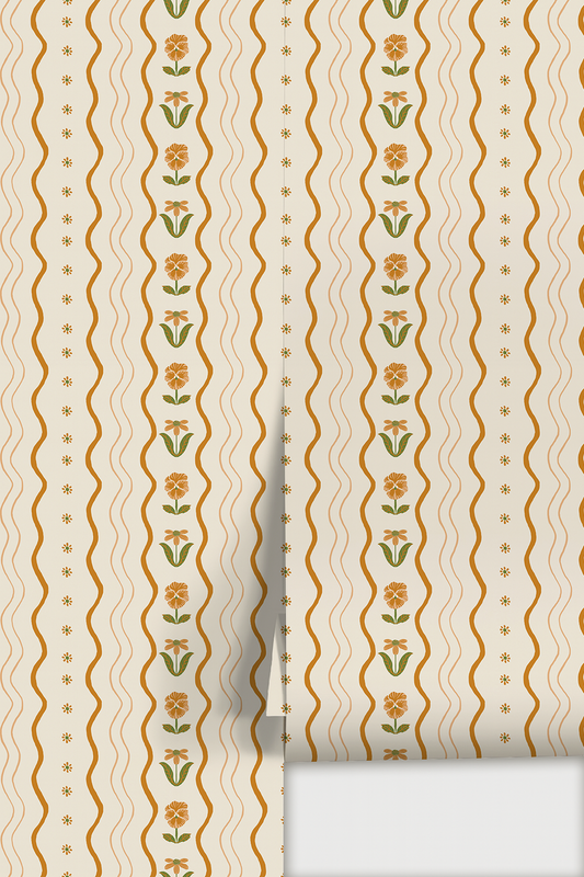 Posy Lane Stripe Wallpaper Beige and Orange - Peel & Stick LUXE - Wallpaper