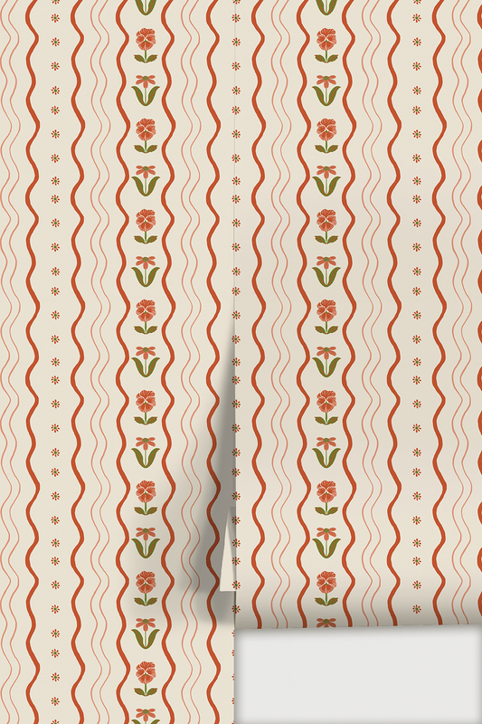 Posy Lane Stripe Wallpaper Beige and Poppy Red - Peel & Stick LUXE - Wallpaper