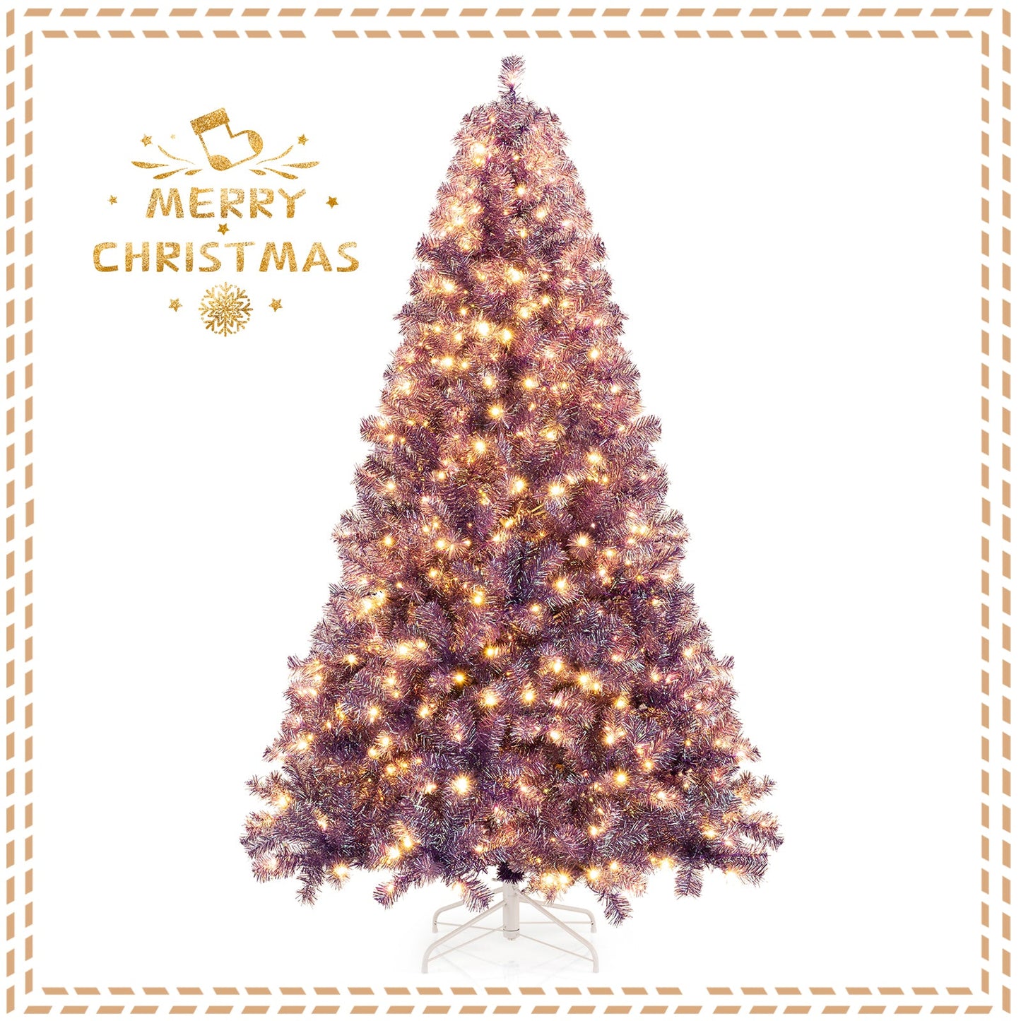 Pre-Lit Tinsel Christmas Tree Artificial Xmas Tree with Lush Branch Tips and Warm White LED Lights - -