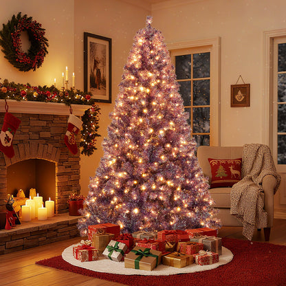 Pre-Lit Tinsel Christmas Tree Artificial Xmas Tree with Lush Branch Tips and Warm White LED Lights - -