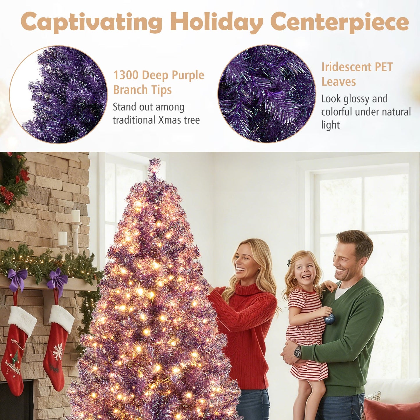 Pre-Lit Tinsel Christmas Tree Artificial Xmas Tree with Lush Branch Tips and Warm White LED Lights - -