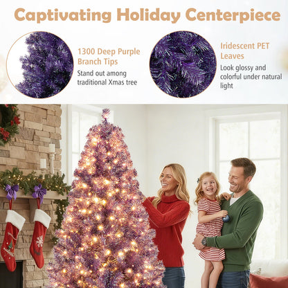 Pre-Lit Tinsel Christmas Tree Artificial Xmas Tree with Lush Branch Tips and Warm White LED Lights - -