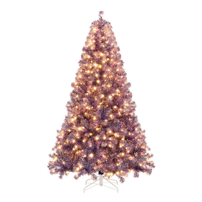 Pre-Lit Tinsel Christmas Tree Artificial Xmas Tree with Lush Branch Tips and Warm White LED Lights - 7.5ft -
