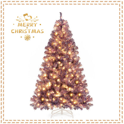 Pre-Lit Tinsel Christmas Tree Artificial Xmas Tree with Lush Branch Tips and Warm White LED Lights - -