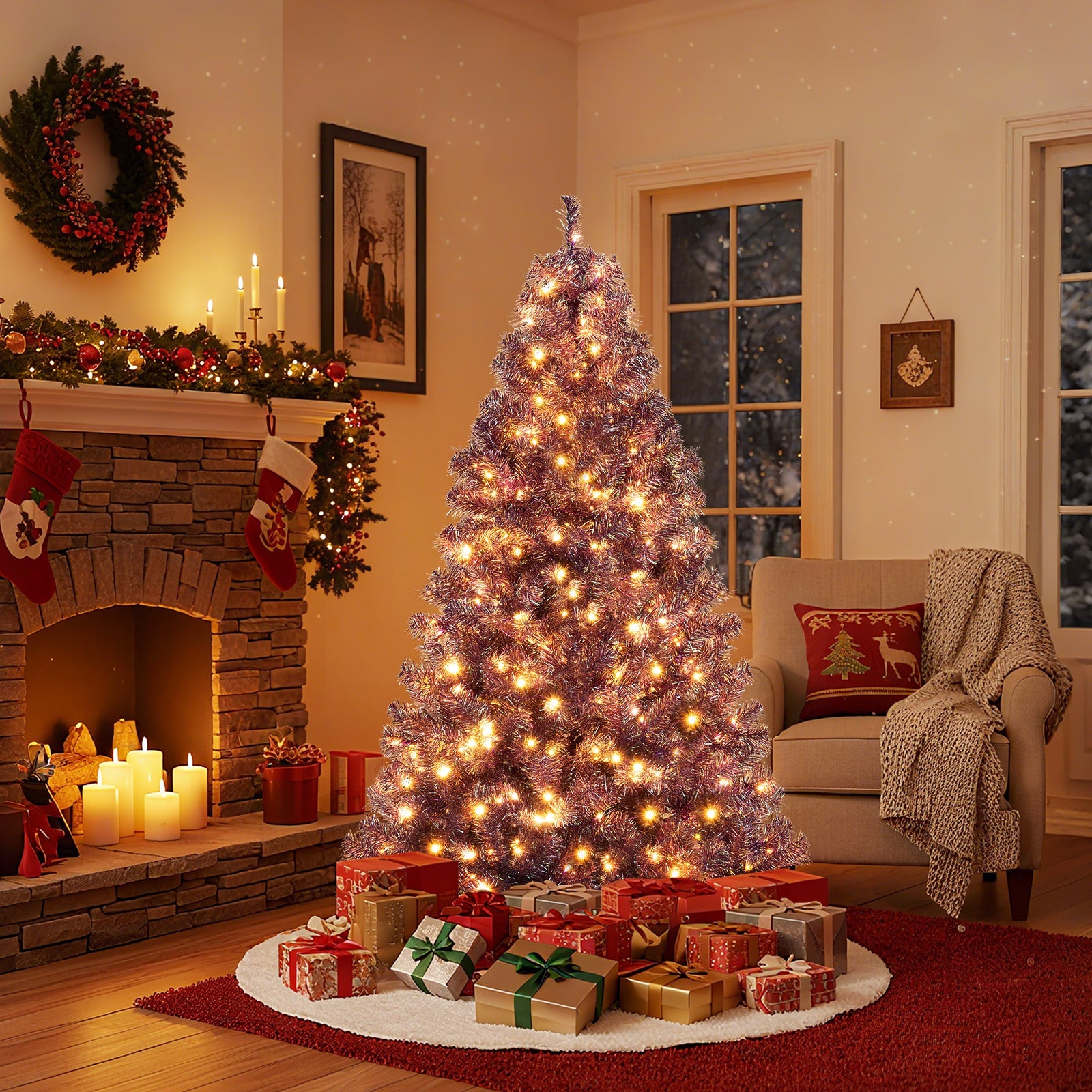 Pre-Lit Tinsel Christmas Tree Artificial Xmas Tree with Lush Branch Tips and Warm White LED Lights - -