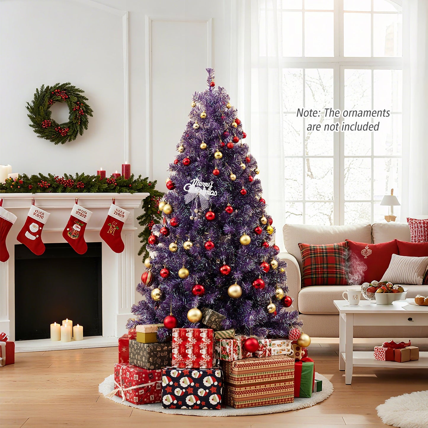 Pre-Lit Tinsel Christmas Tree Artificial Xmas Tree with Lush Branch Tips and Warm White LED Lights - -