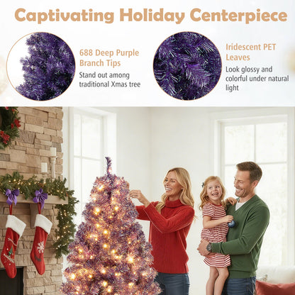 Pre-Lit Tinsel Christmas Tree Artificial Xmas Tree with Lush Branch Tips and Warm White LED Lights - -