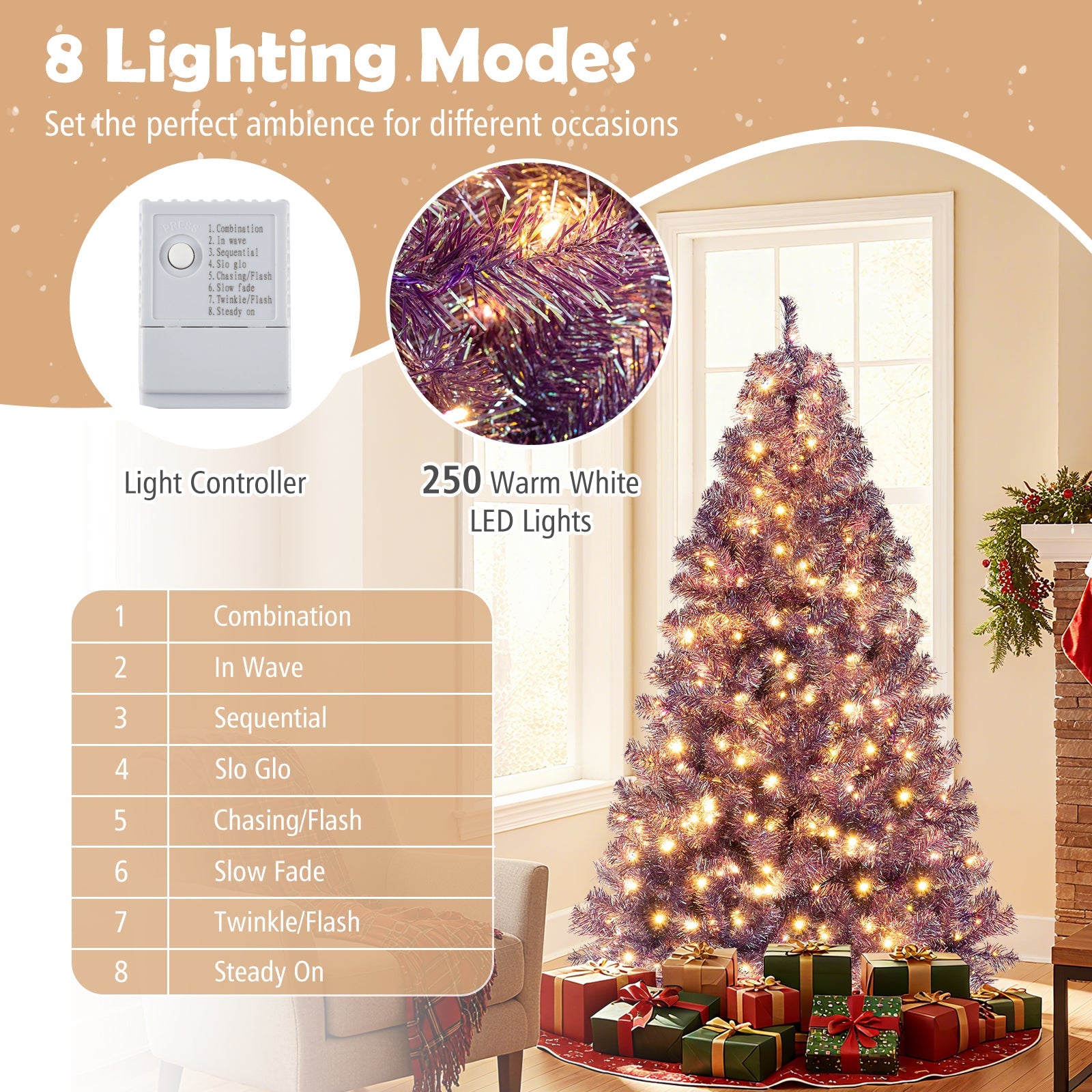 Pre-Lit Tinsel Christmas Tree Artificial Xmas Tree with Lush Branch Tips and Warm White LED Lights - -