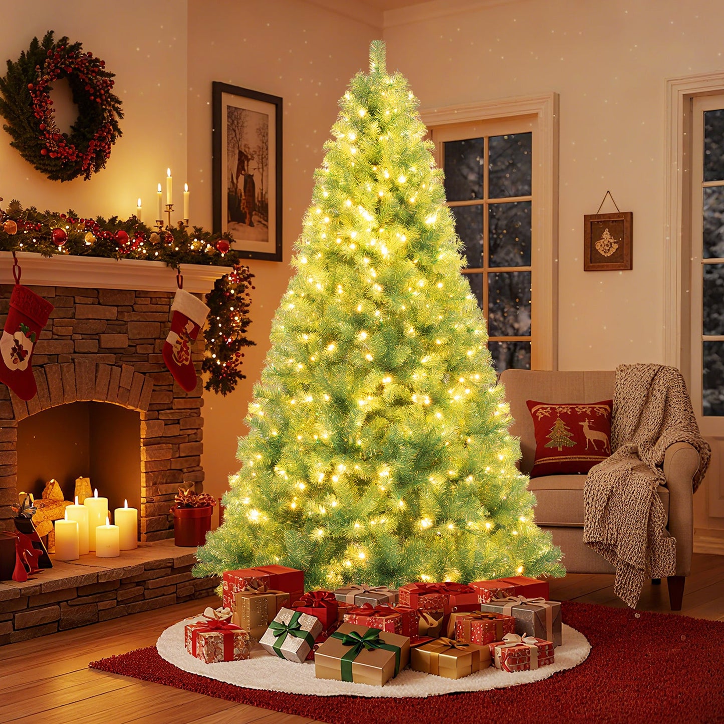 Pre-Lit Tinsel Christmas Tree Artificial Xmas Tree Home Office Party Seasonal Holiday Decoration - -