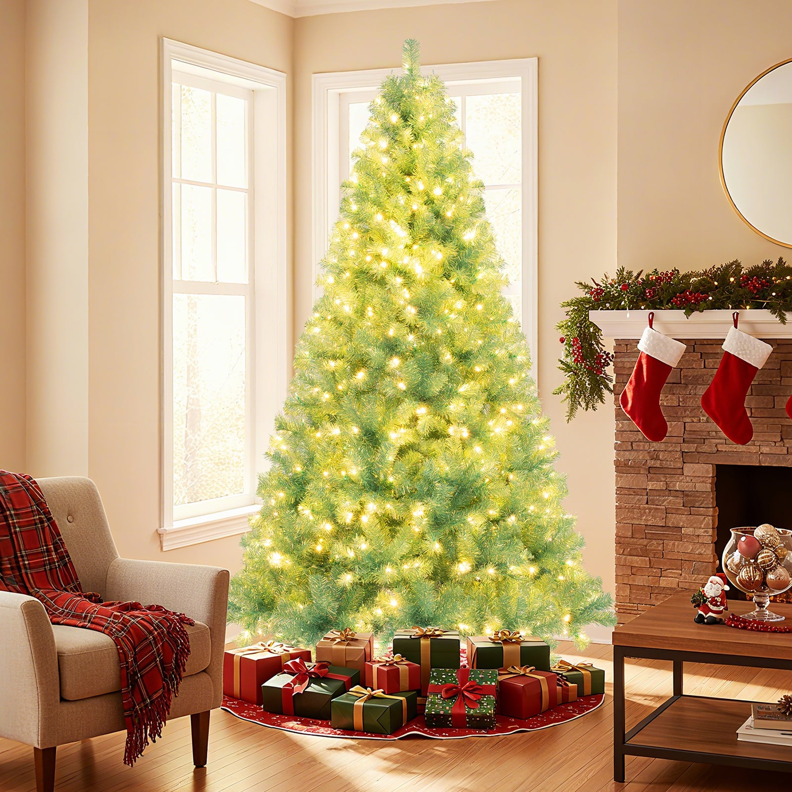 Pre-Lit Tinsel Christmas Tree Artificial Xmas Tree Home Office Party Seasonal Holiday Decoration - -
