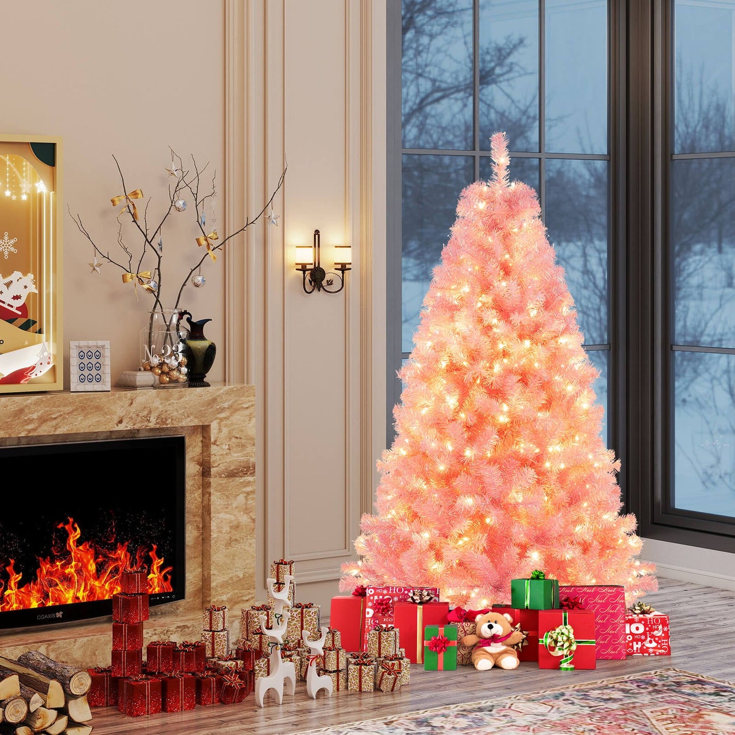 Pre-Lit Tinsel Christmas Tree Artificial Xmas Tree with Lush Branch Tips Holiday Decoration - -