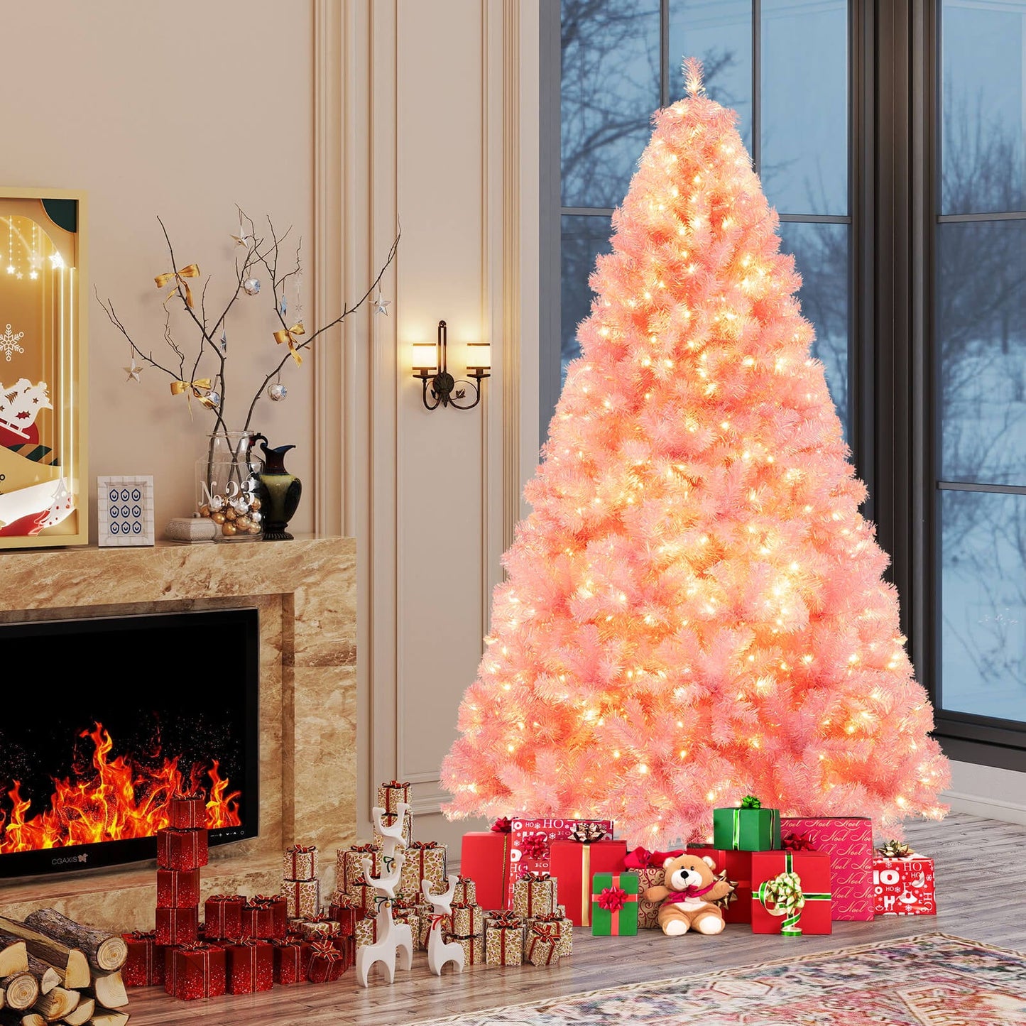 Pre-Lit Tinsel Christmas Tree Artificial Xmas Tree with Lush Branch Tips Holiday Decoration - -