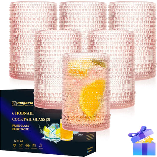 megarte Hobnail Drinking Glasses Cocktail Glasses - 12 Oz Vintage Glassware Set Beaded Highball Glassware Romantic Water Glass Cups Suit for Whiskey Juice Beverage Present Package - Set of 6 - Pink Kia Day Design