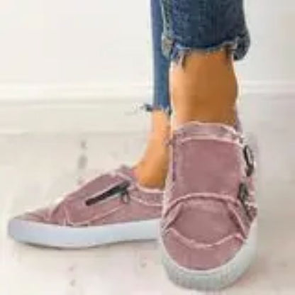 Metal Buckle Canvas Sneakers with Zipper - Pink - Shoes