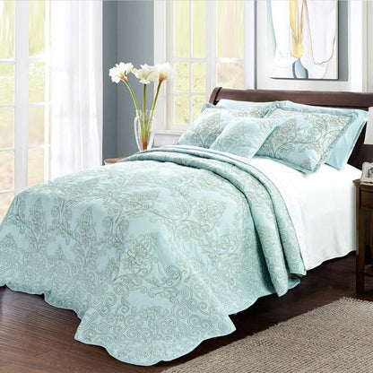 Queen size Light Blue Damask Embroidered 4 Piece Oversized Bedspread Set- HomePacific- {{Product type}}