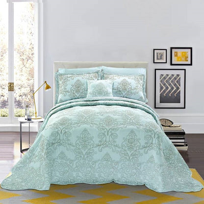 Queen size Light Blue Damask Embroidered 4 Piece Oversized Bedspread Set- HomePacific- {{Product type}}
