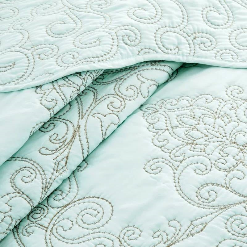 Queen size Light Blue Damask Embroidered 4 Piece Oversized Bedspread Set- HomePacific- {{Product type}}
