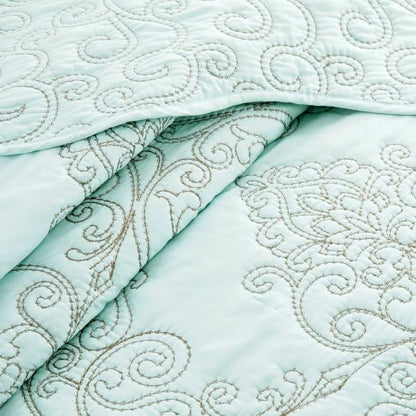 Queen size Light Blue Damask Embroidered 4 Piece Oversized Bedspread Set- HomePacific- {{Product type}}