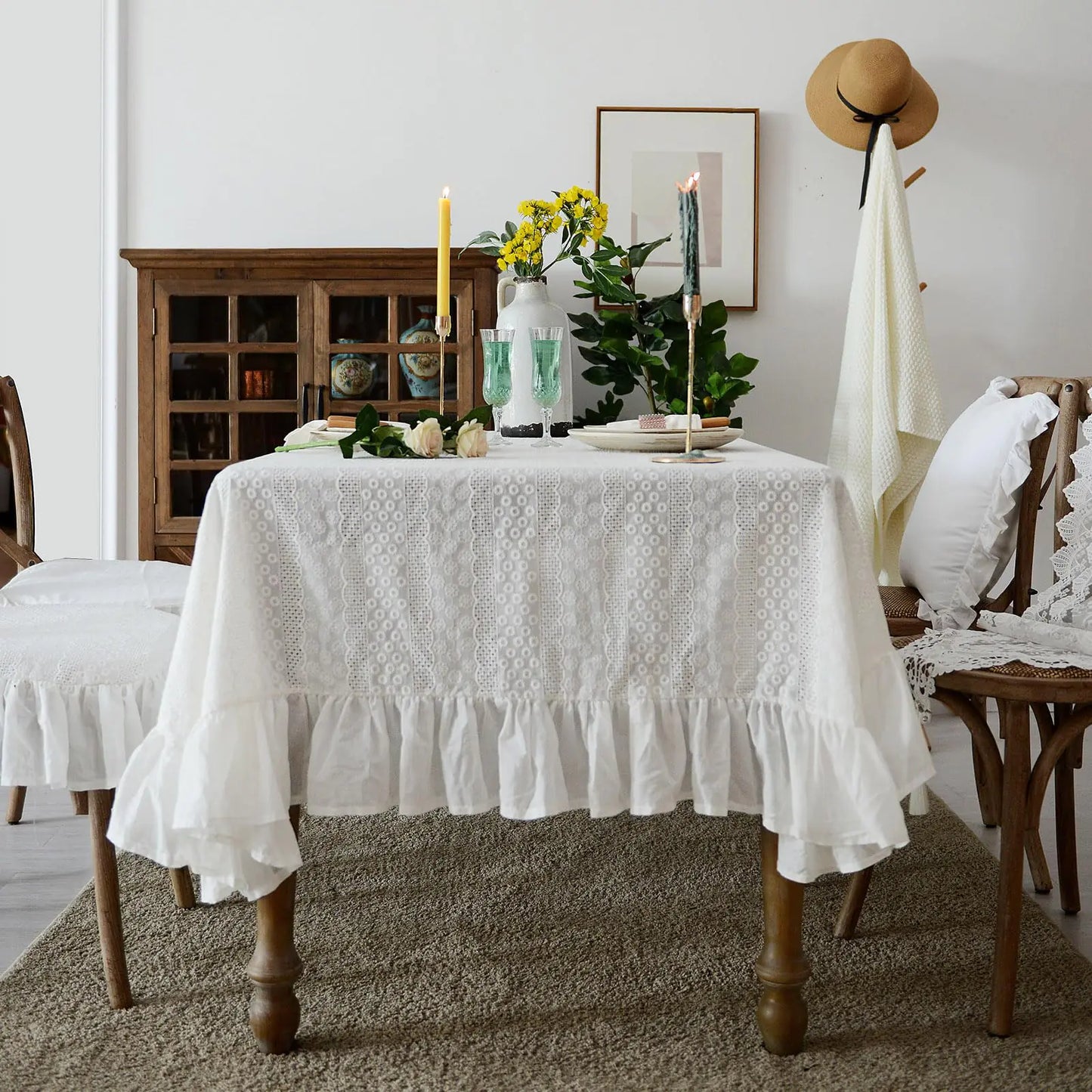 White Circle French Ruffled Lace Cotton Embroidered Floral Table Cloth - White Circle 120" x 60" (Rectangular) - table cloth