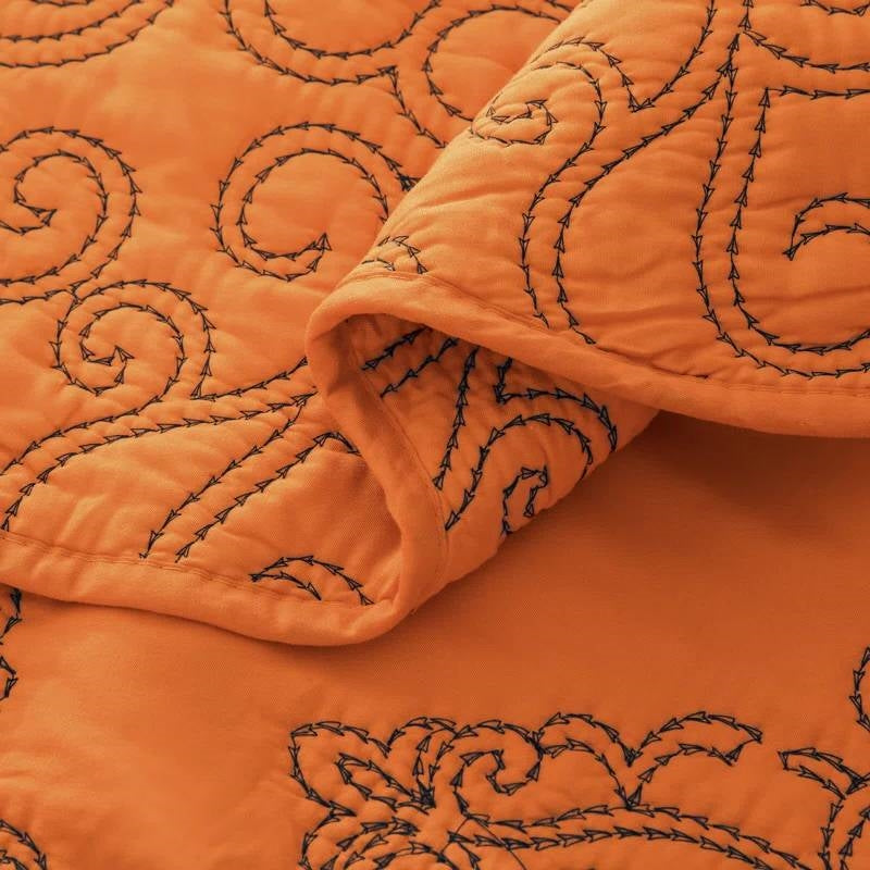 Queen size Orange Nectarine Damask Embroidered 4 Piece Oversized Bedspread Set - - Bedroom > Bedspreads