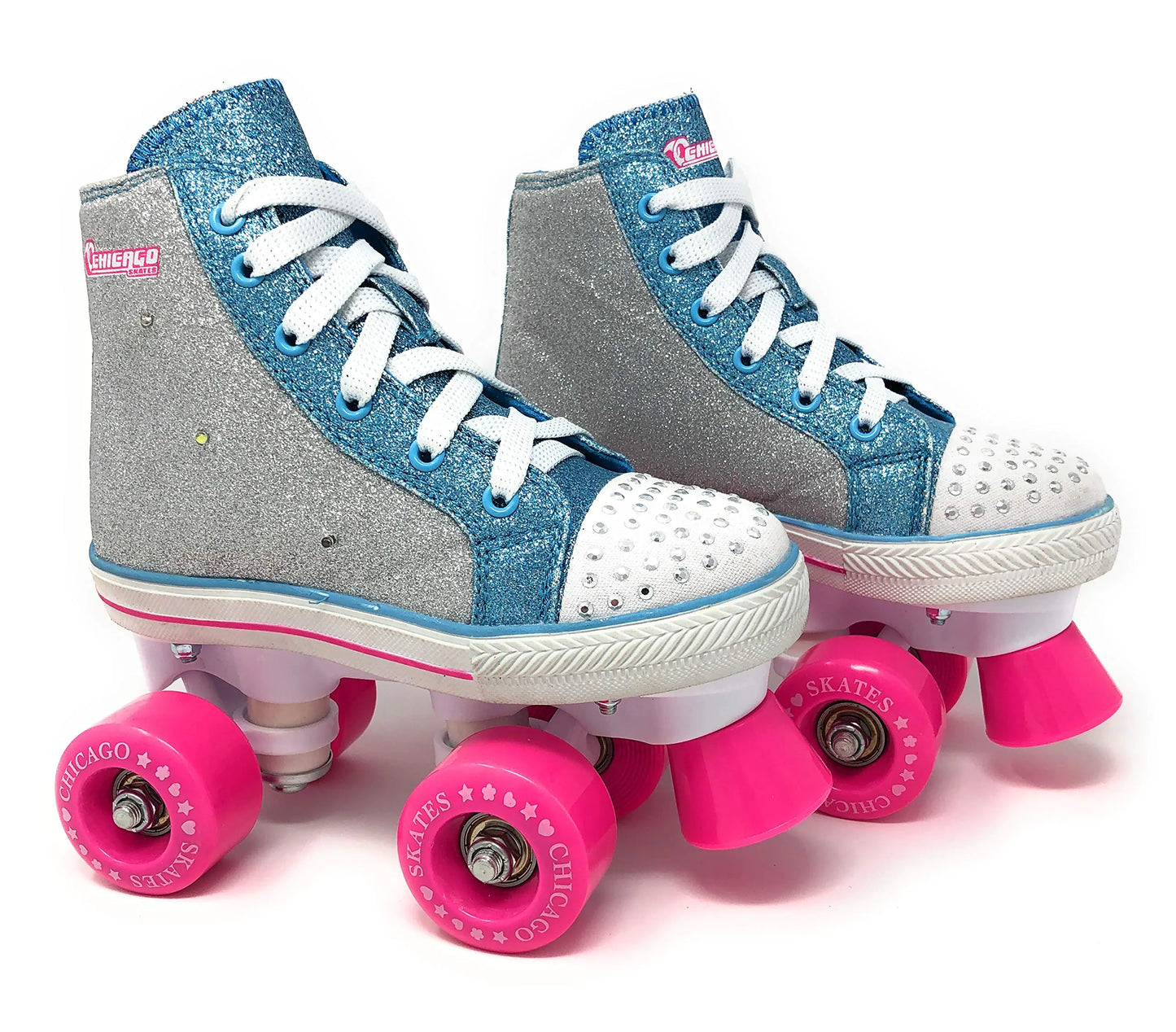 Chicago Skates Girls Fashion Quad Skates with Flashing Lights - Grey Pink Blue Size 3 - skates