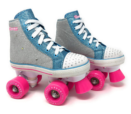 Chicago Skates Girls Fashion Quad Skates with Flashing Lights - Grey Pink Blue Size 3 - skates