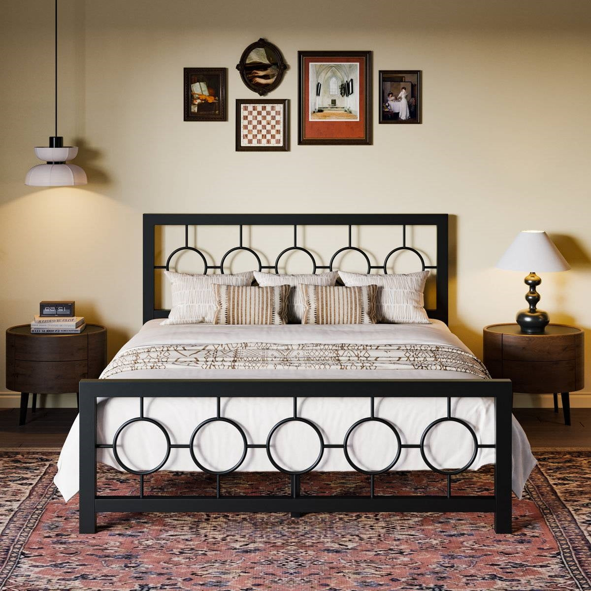 Queen Black Metal Platform Bed Frame with Circle Medallion Headboard Footboard - - Bedroom > Bed Frames > Metal Beds