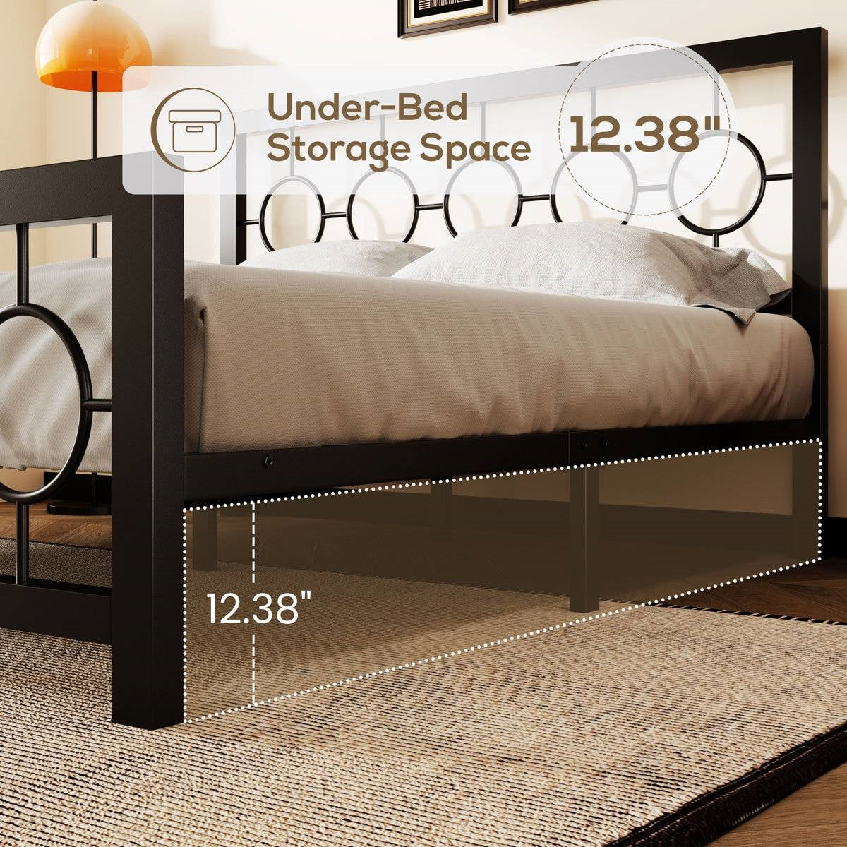 Queen Black Metal Platform Bed Frame with Circle Medallion Headboard Footboard - - Bedroom > Bed Frames > Metal Beds