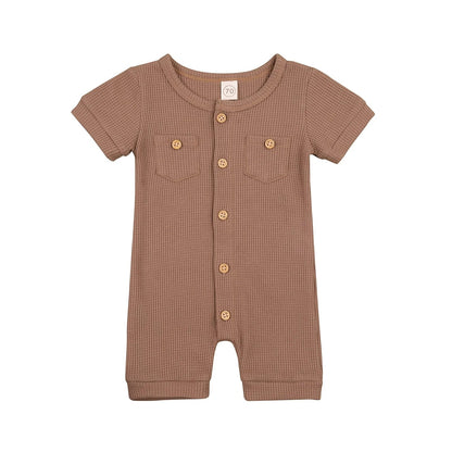 Solid Color Short Sleeve Round Neck Button Baby Playsuit Kia Day Design