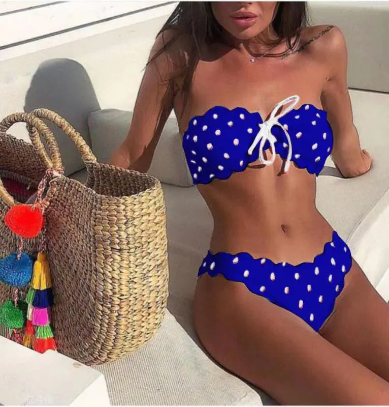 Polka Dot Printed Bikini Set - Blue S - bikini