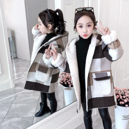 Girls Plaid Thick Lamb Woolen Coat