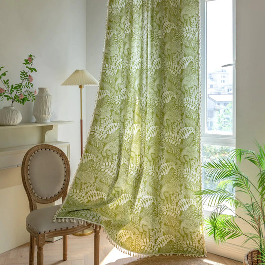 Green 84 Inch Cotton Linen Rod Pocket Tassel Window Curtains 1 Panel - Kia Day Design