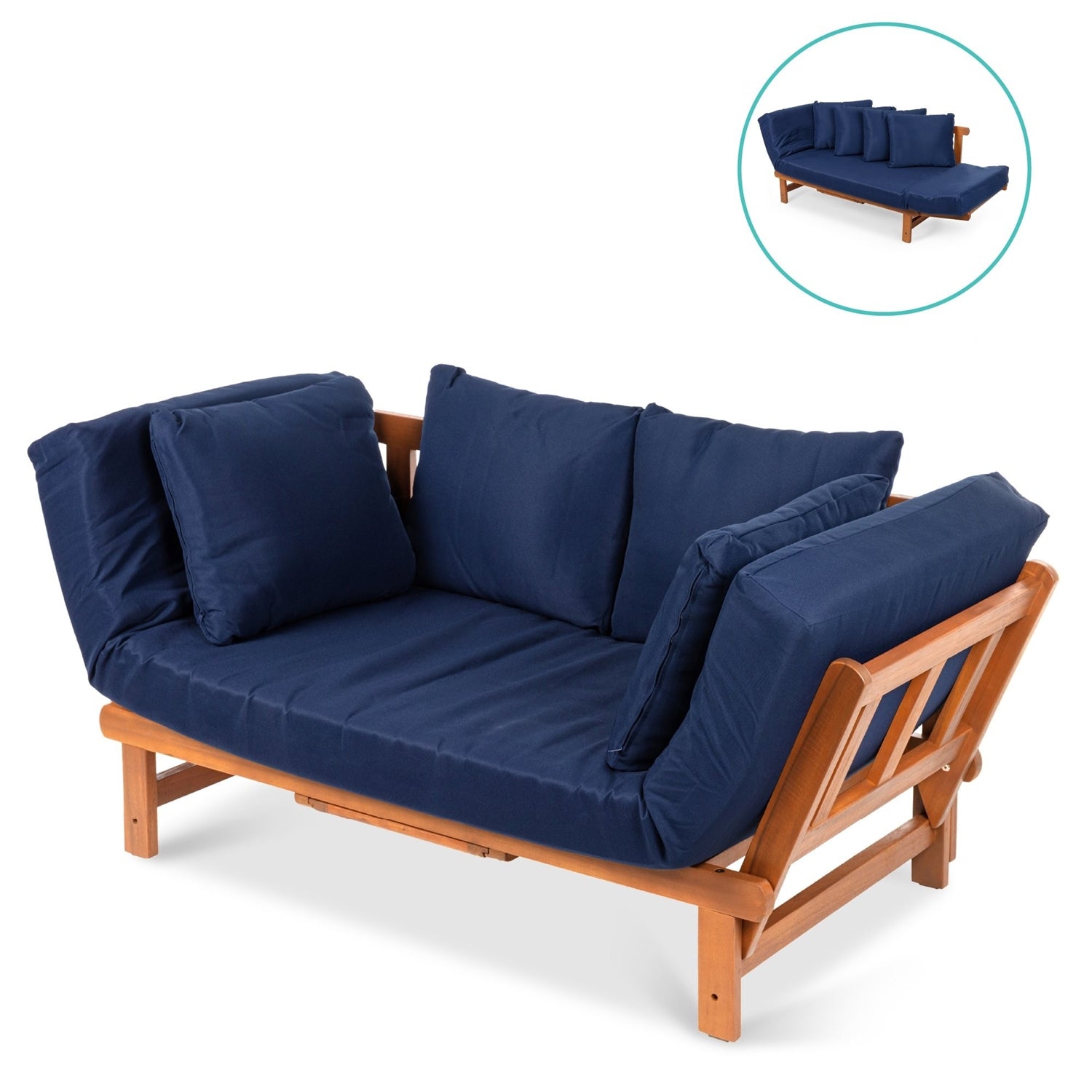 Navy Blue Outdoor Acacia Wood Convertible Sofa Futon with 4 Removable Pillows - - Outdoor > Outdoor Furniture > Patio Furniture Sets