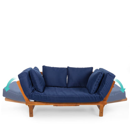 Navy Blue Outdoor Acacia Wood Convertible Sofa Futon with 4 Removable Pillows - - Outdoor > Outdoor Furniture > Patio Furniture Sets