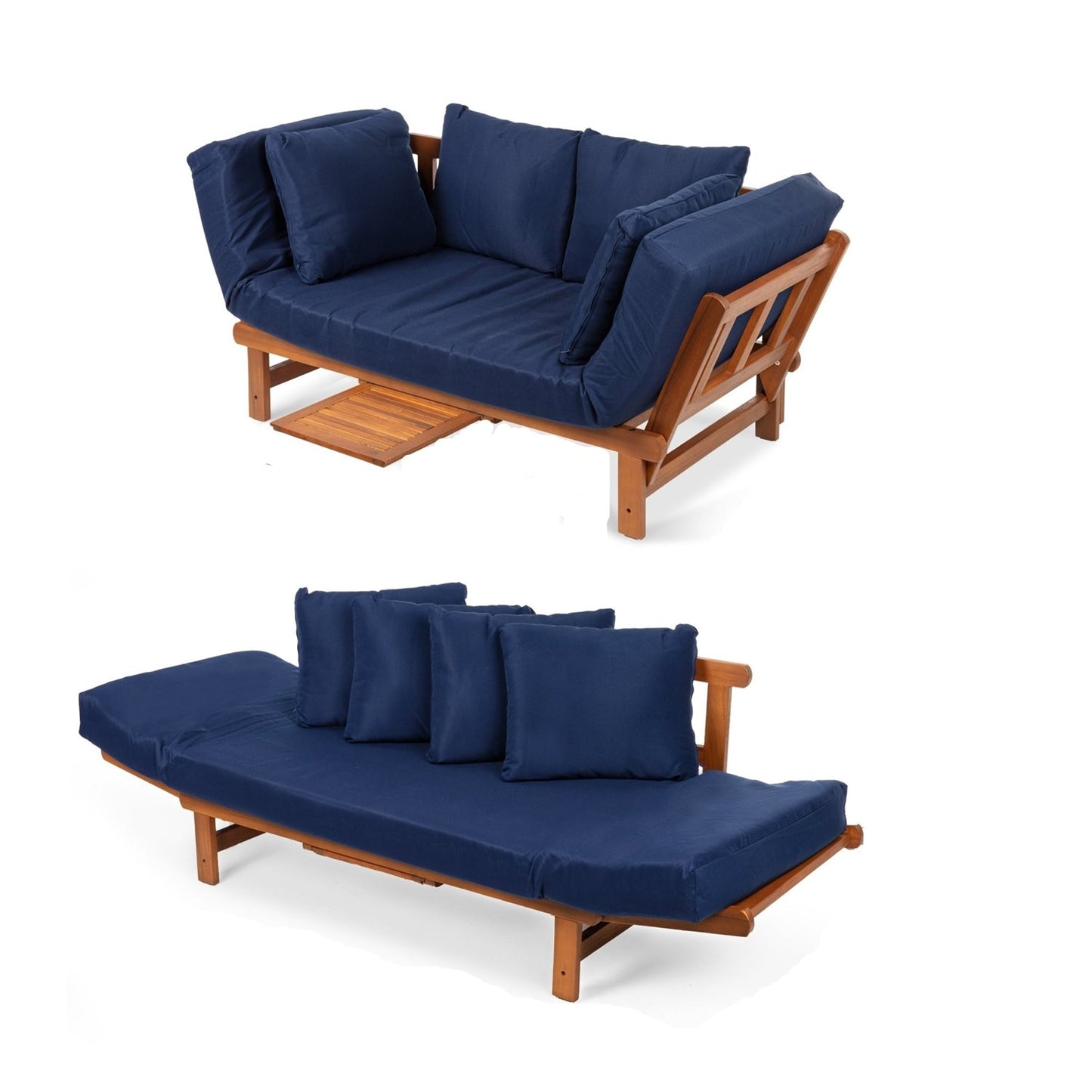 Navy Blue Outdoor Acacia Wood Convertible Sofa Futon with 4 Removable Pillows - - Outdoor > Outdoor Furniture > Patio Furniture Sets