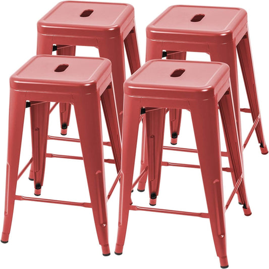Set of 4 - 24-in. Indoor/Outdoor Backless Stacking Red Metal Barstools - - Dining > Barstools