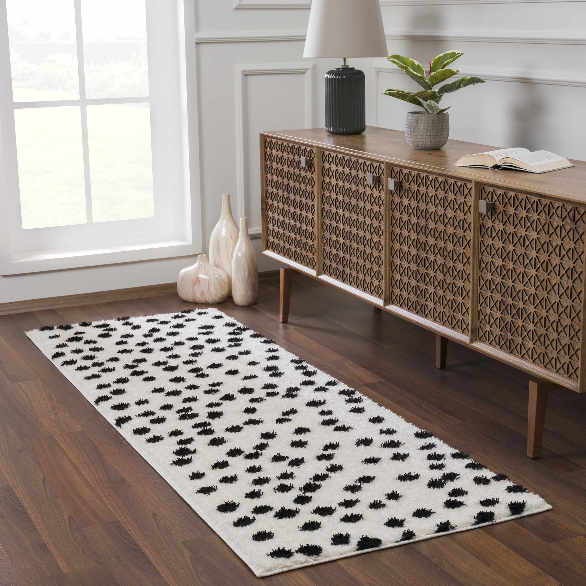 Cansu Black & White Dotted Area Rug - 2'7" x 7'3" Runner - Rugs