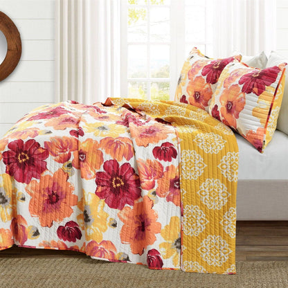 King size Orange Red Flowers Lightweight Polyester Microfiber Quilt Set - - Bedroom > Quilts & Blankets
