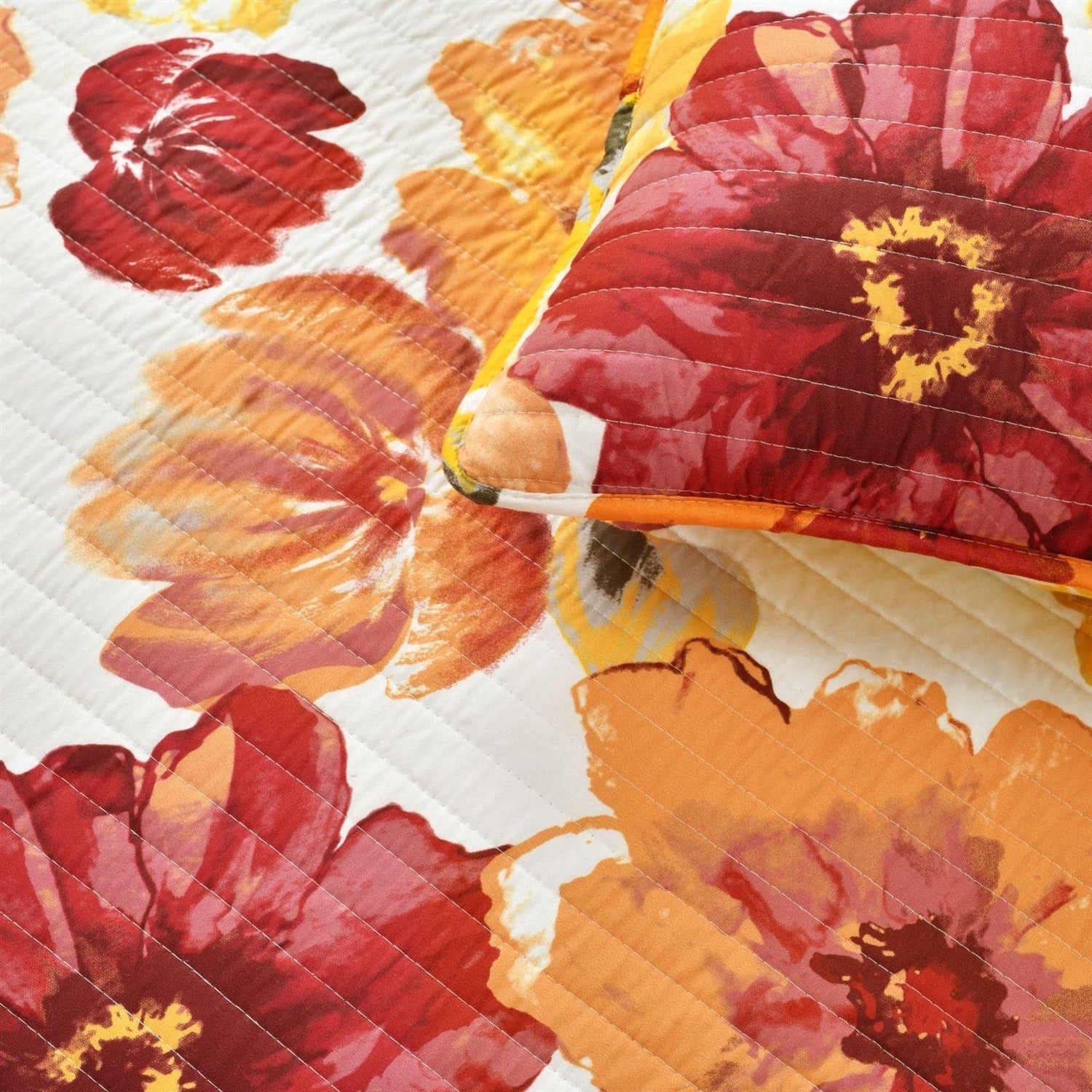 King size Orange Red Flowers Lightweight Polyester Microfiber Quilt Set - - Bedroom > Quilts & Blankets